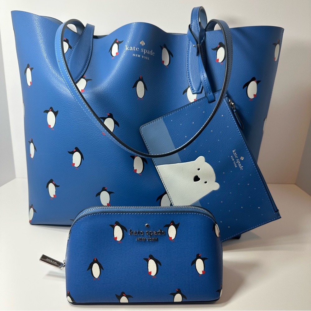 KATE SPADE Arctic Friends Penguin Reversible Tote Bag & Full Size Wallet & Pouch